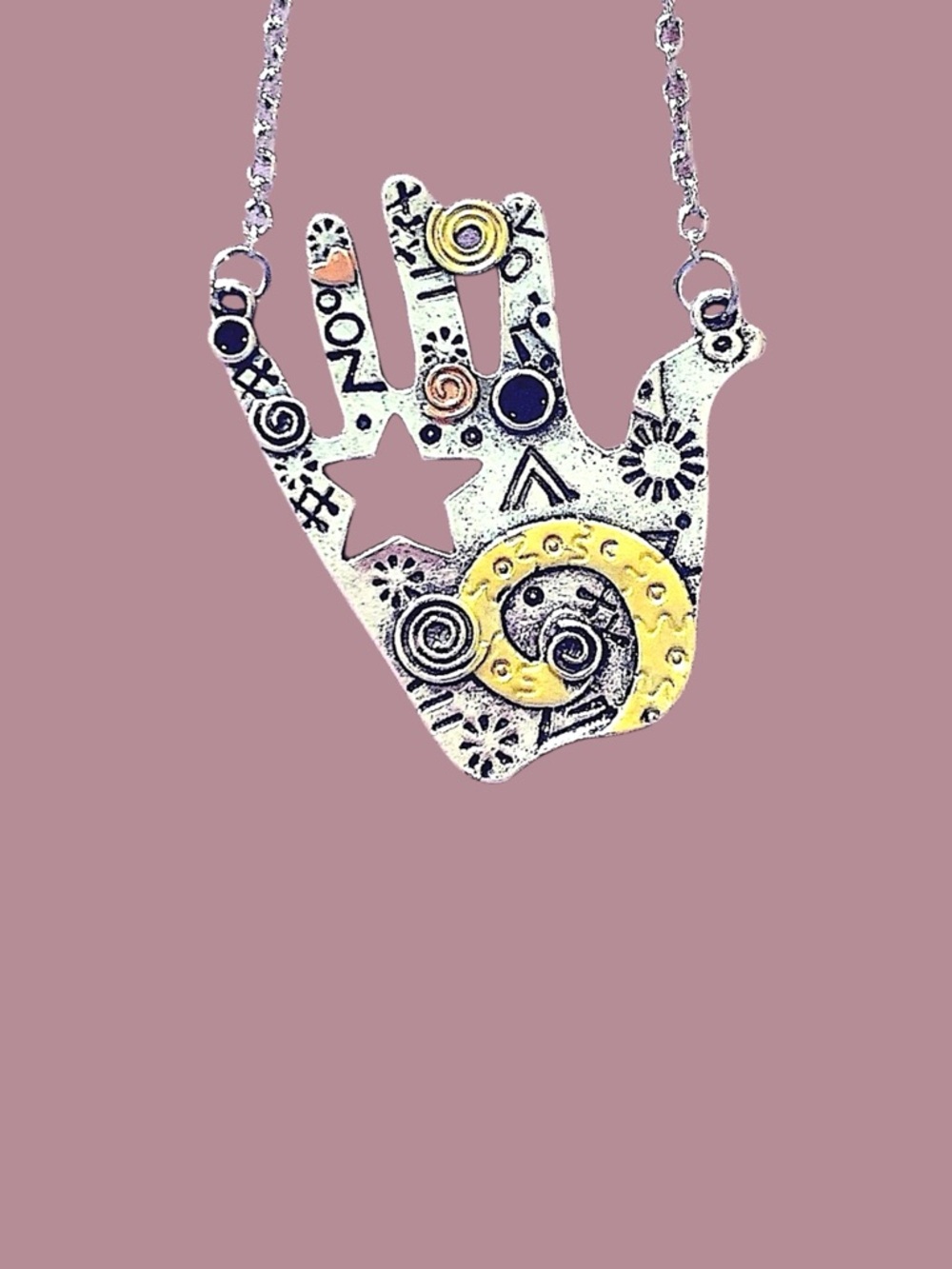 Steampunk Silver and Gold hand tooled Necklace